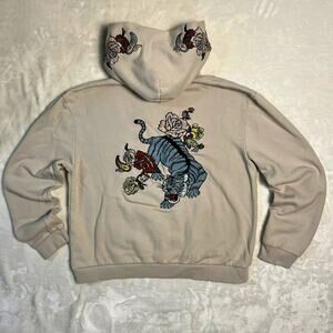 Wild Tiger Rose Hoodie Men's M Urban Outfitters Embroidered Ed Hardy Vibes Beige